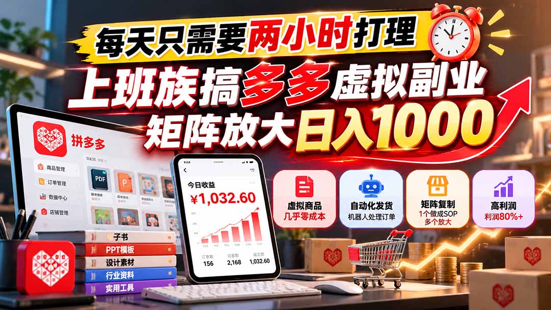 每天只需要两小时打理,上班族搞多多虚拟副业,矩阵放大日入 1000-极客网创