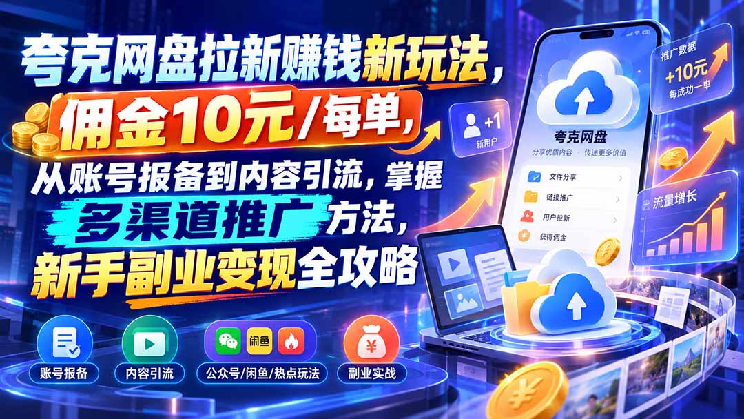 夸克网盘拉新赚钱新玩法，佣金10元/每单，从账号报备到内容引流，掌握多渠道推广方法，新手副业变现全攻略-极客网创