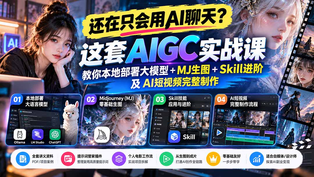 【无水印】还在只会用AI聊天?这套AIGC实战课教你本地部署大模型+MJ生图+Skill进阶及AI短视频完整制作-极客网创