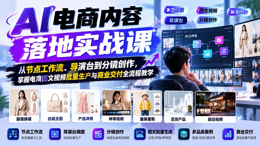 AI电商内容落地实战课：从节点工作流、导演台到分镜创作，掌握电商图文视频批量生产与商业交付全流程教学-极客网创