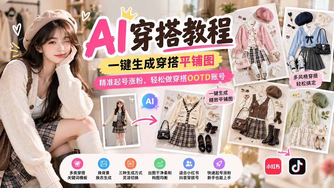 【无水印】AI穿搭教程｜一键生成穿搭平铺图，精准起号涨粉，轻松做穿搭OOTD账号-极客网创
