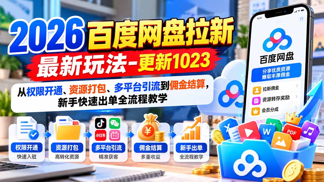2026百度网盘拉新最新玩法-更新1023:从权限开通、资源打包、多平台引流到佣金结算,新手快速出单全流程教学-极客网创
