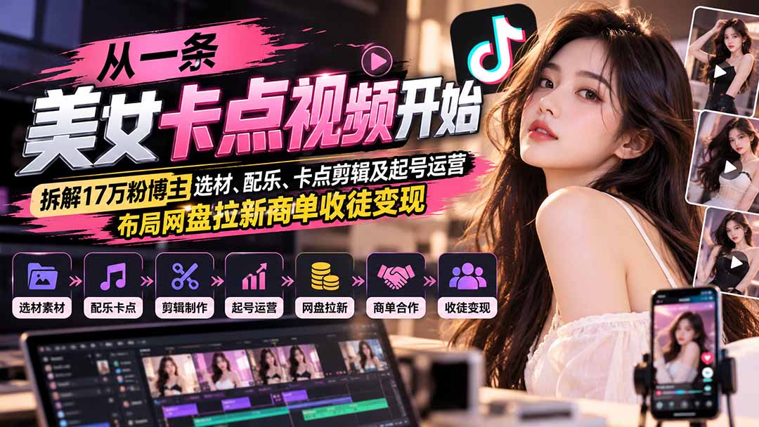 从一条美女卡点视频开始：拆解17万粉博主选材、配乐、卡点剪辑及起号运营，布局网盘拉新商单收徒变现-极客网创