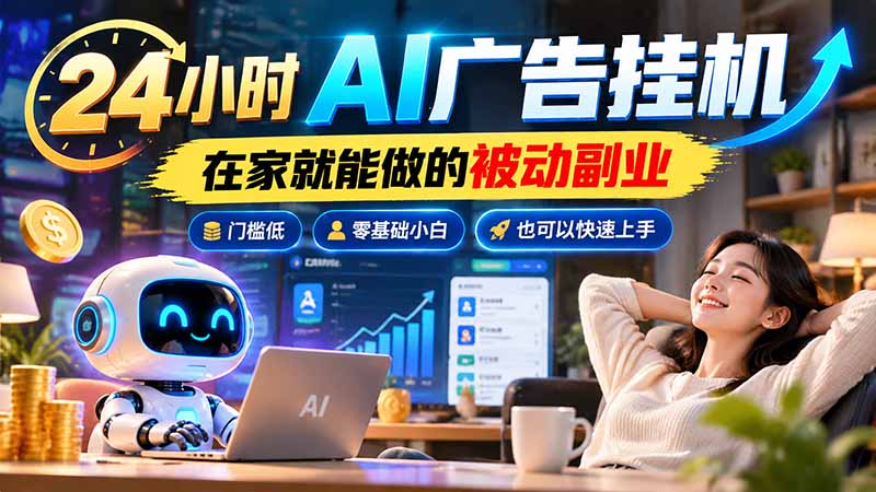 24小时AI广告挂机｜在家就能做的被动副业，门槛低，零基础小白也可以快速上手-极客网创