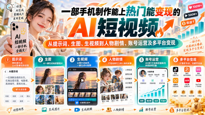 【无水印】一部手机制作能上热门能变现的AI短视频,从提示词、生图、生视频到人物剧情、账号运营及多平台变现(更新)-极客网创