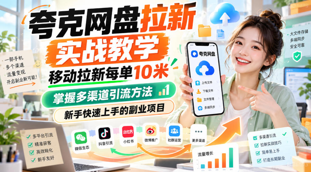 夸克网盘拉新实战教学，移动拉新每单10米，掌握多渠道引流方法，新手快速上手的副业项目(更新1023)-极客网创