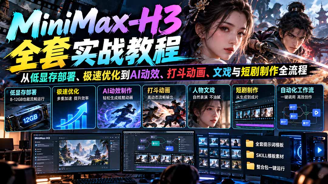MiniMax-H3全套实战教程:从低显存部署、极速优化到AI动效、打斗动画、文戏与短剧制作全流程-极客网创