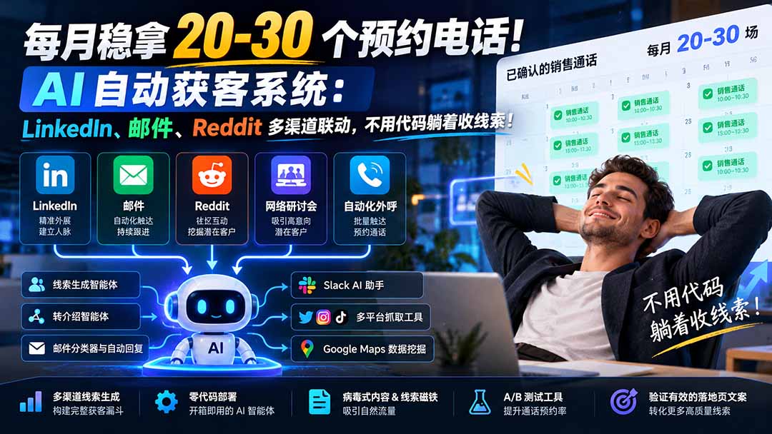 每月稳拿 20-30 个预约电话！AI 自动获客系统：LinkedIn、邮件、Reddit 多渠道联动，不用代码躺着收线索！-极客网创