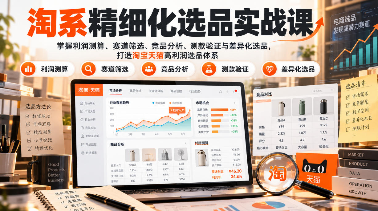 货架电商精细化选品实战课:掌握利润测算、赛道筛选、竞品分析、测款验证与差异化选品,打造淘宝天猫高利润选品体系-极客网创