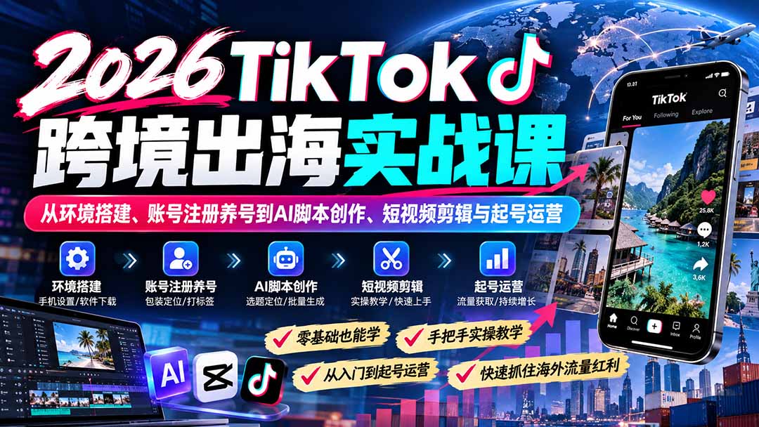 2026TikTok跨境出海实战课:从环境搭建、账号注册养号到AI脚本创作、短视频剪辑与起号运营-极客网创
