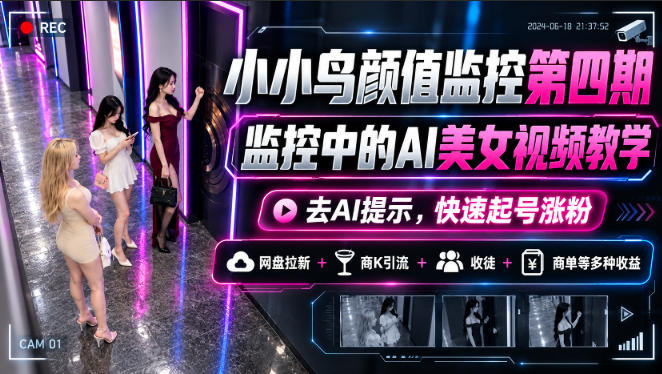 小小鸟颜值监控第四期,监控中的AI美女视频教学,去AI提示,快速起号涨粉,网盘拉新+商K引流+收徒+商单等多种收益-极客网创