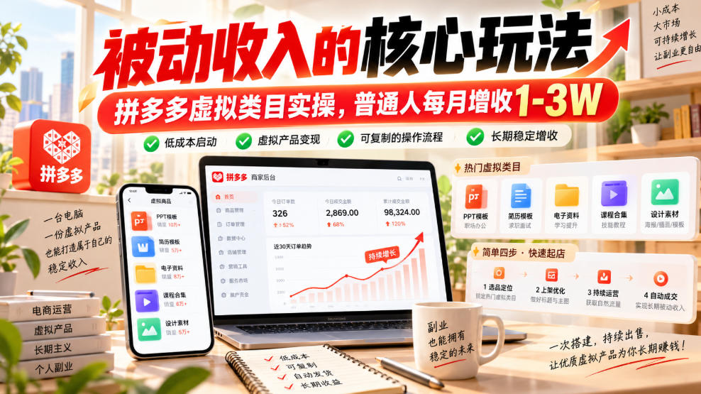 被动收入的核心玩法,拼多多虚拟类目实操,普通人每月增收1-3W【揭秘】-极客网创
