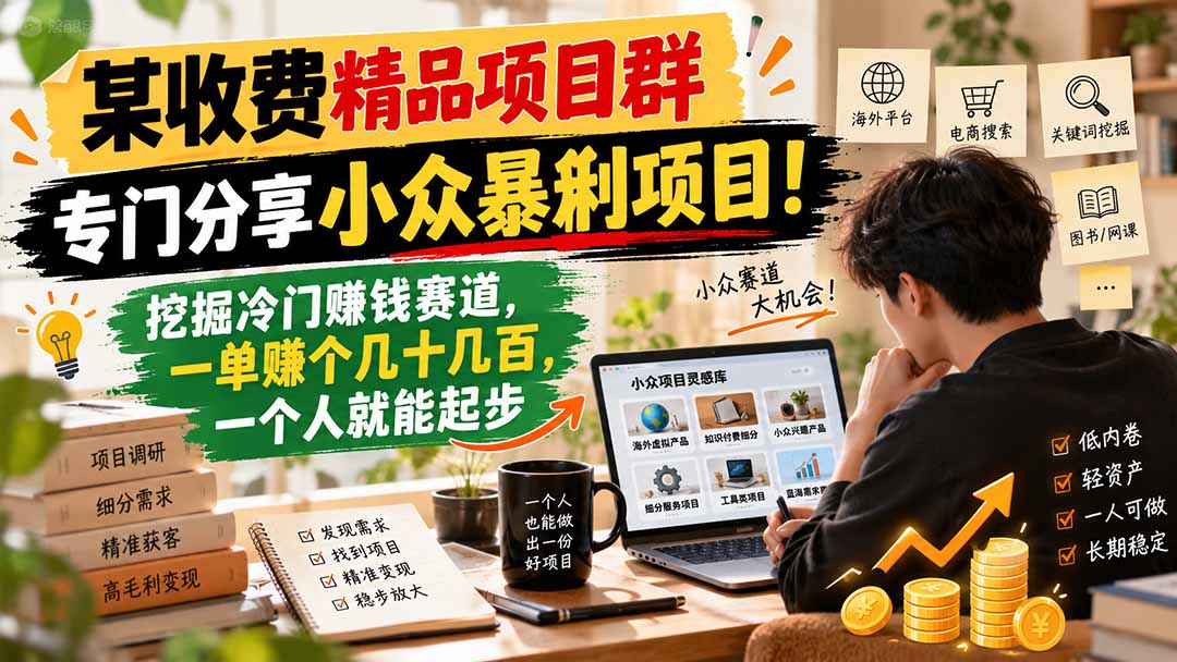 某收费精品项目群，专门分享小众暴俐项目！挖掘冷门赚钱赛道，一单赚个几十几百，一个人就能起步-极客网创