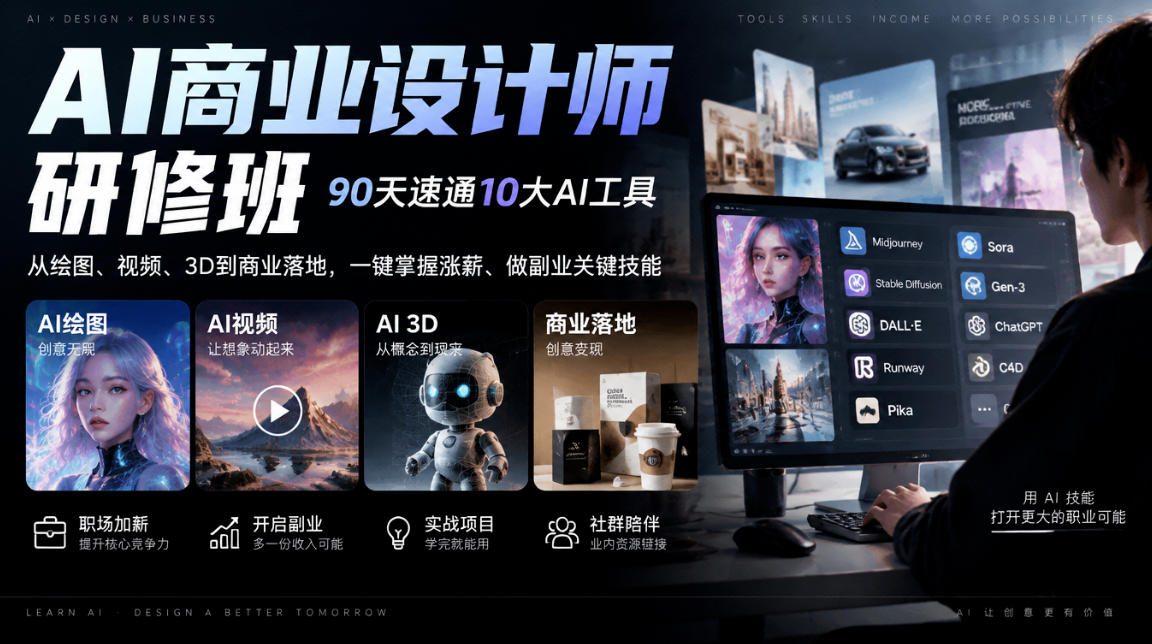 AI商业设计师研修班,90天速通10大AI工具,从绘图、视频、3D到商业落地,一键掌握涨薪、做副业关键技能-极客网创