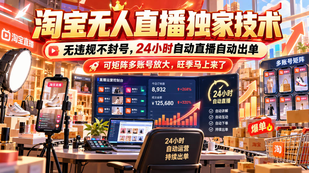 淘宝无人直播独家技术，无违规不封号，24小时自动直播自动出单，可矩阵多账号放大，旺季马上来了【揭秘】-极客网创