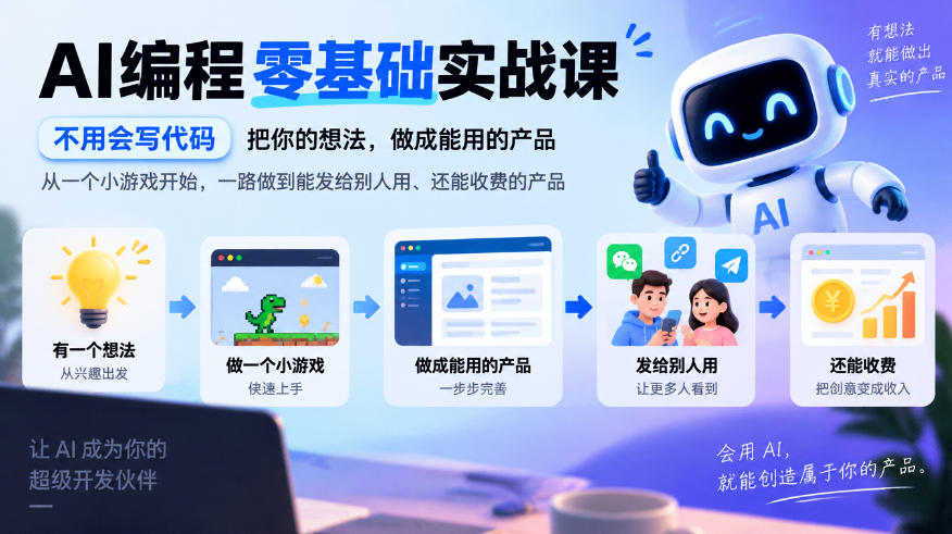 AI编程零基础实战课,不用会写代码,把你的想法,做成能用的产品,从一个小游戏开始,一路做到能发给别人用、还能收费的产品-极客网创