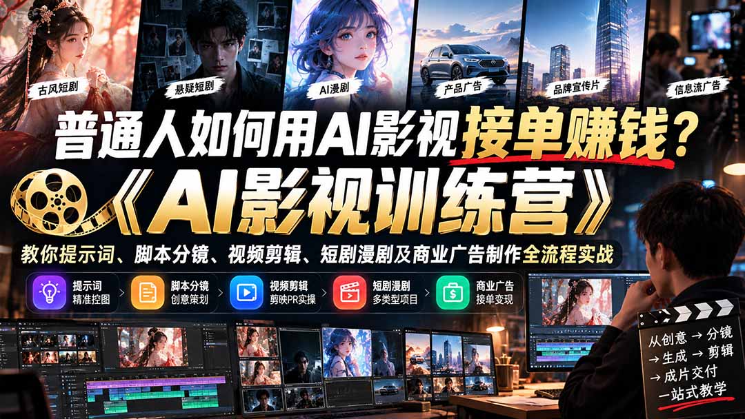 普通人如何用AI影视接单赚钱？《AI影视训练营》教你提示词、脚本分镜、视频剪辑、短剧漫剧及商业广告制作全流程实战-极客网创