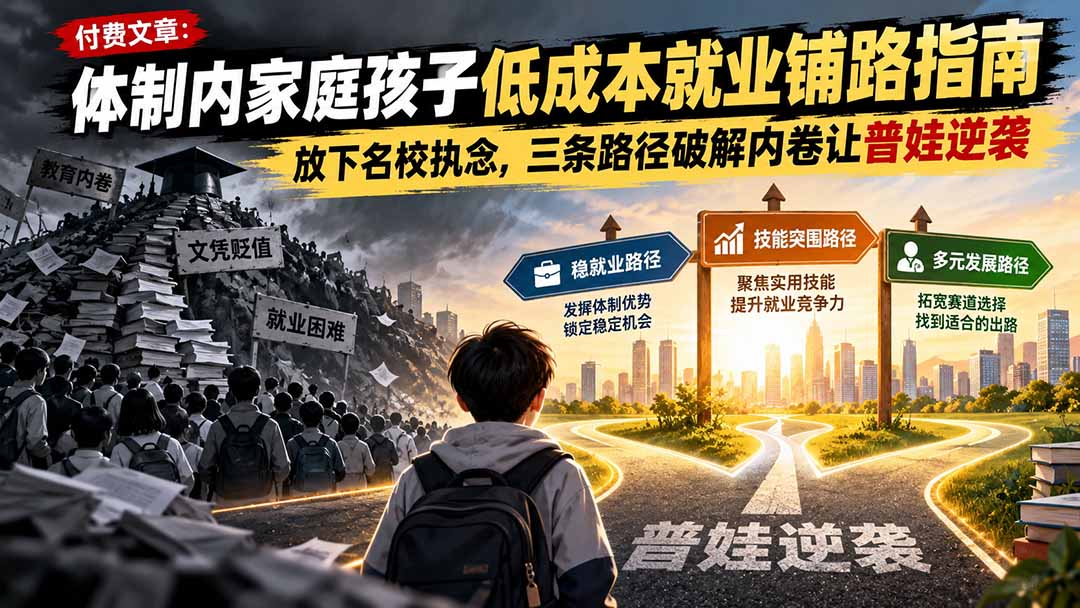 付费文章：体制内家庭孩子低成本就业铺路指南，放下名校执念，三条路径破解内卷让普娃逆袭-极客网创