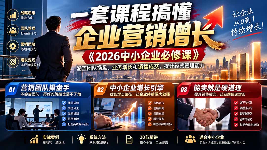 一套课程搞懂企业营销增长《2026中小企业必修课》涵盖团队操盘、业务增长和销售成交，提升经营管理能力-极客网创